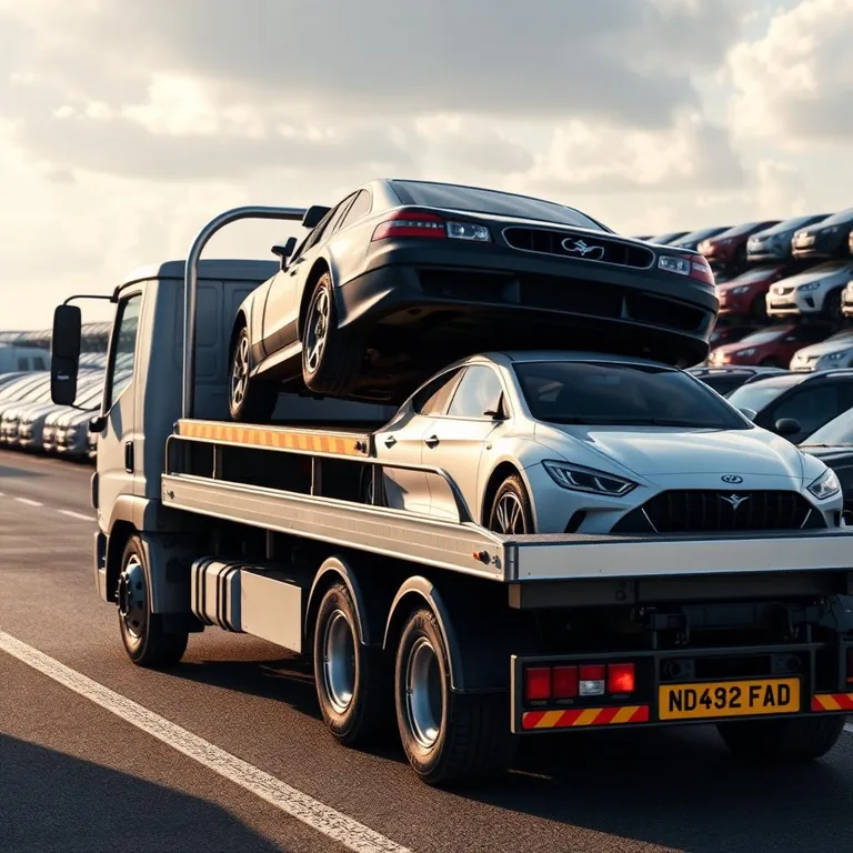Car auction collection loaded on a flatbed transporter