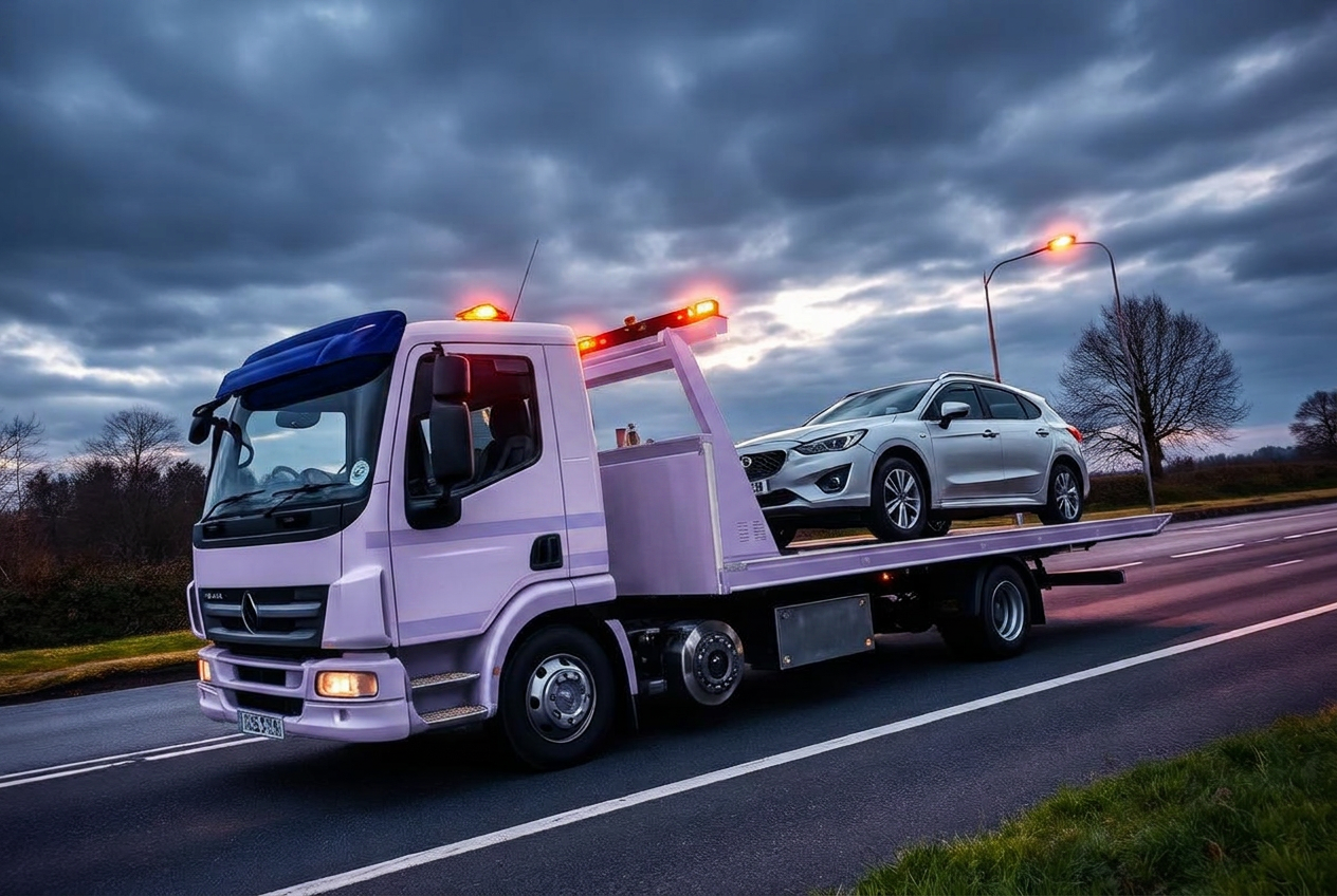 Recovery truck loading a broken-down car at dusk
